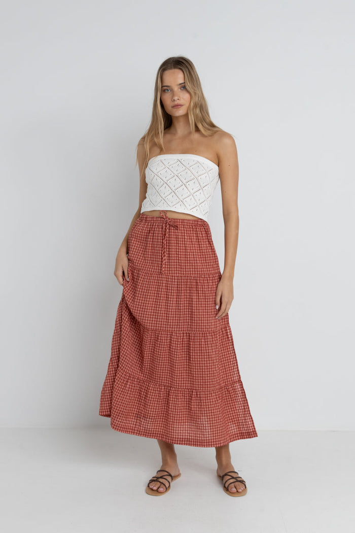 Lola Check Tiered Maxi Skirt Red