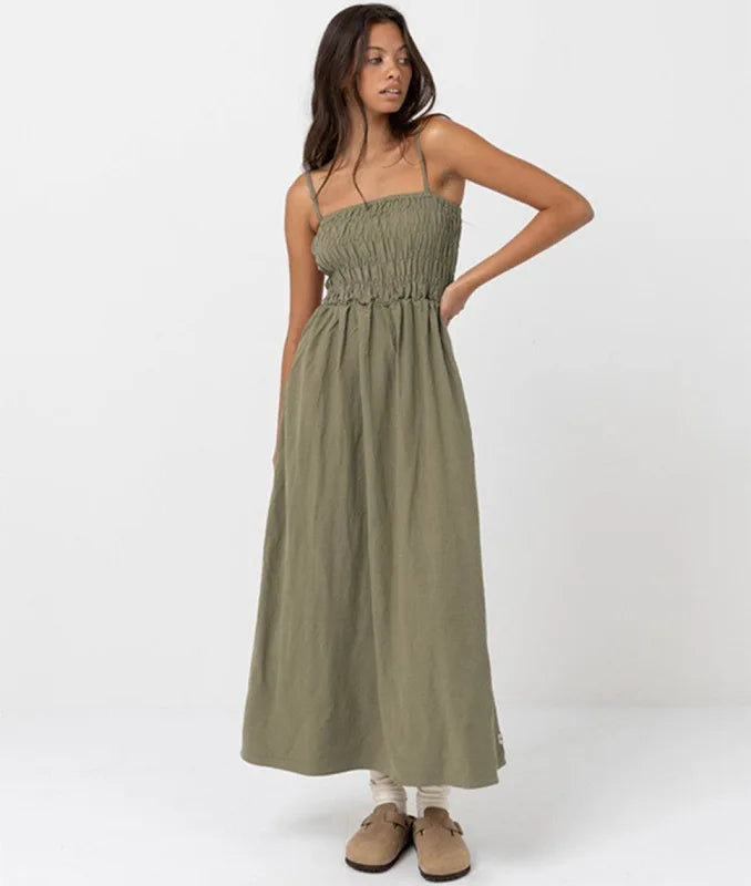 Classic Shirred Midi Dress Olive