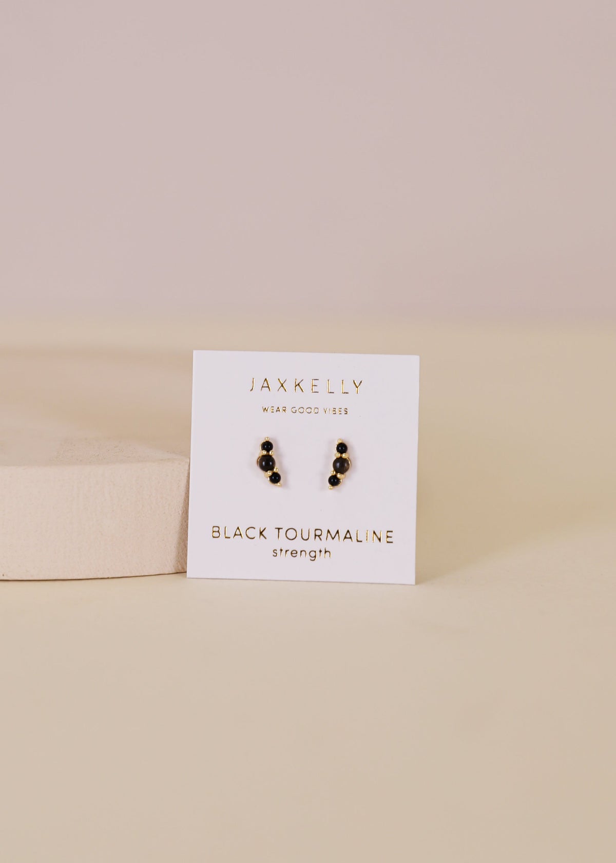 Crescent Gold Earrings Black Tourmaline