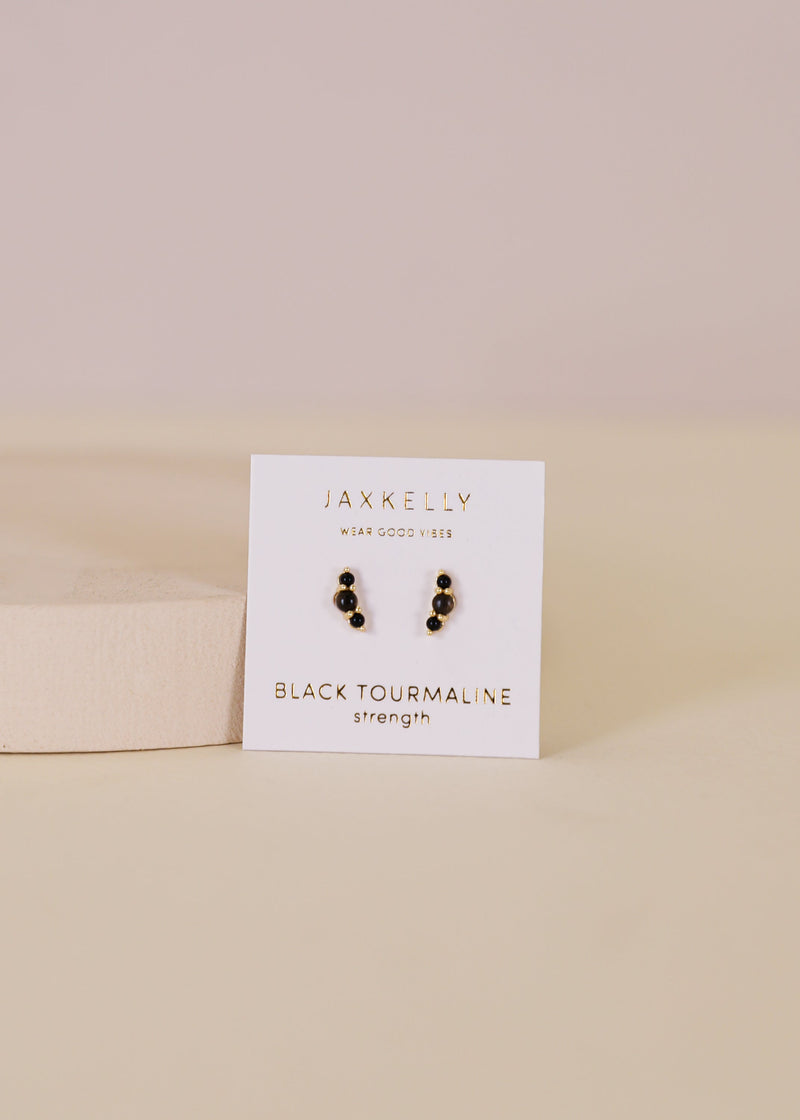 Crescent Gold Earrings Black Tourmaline