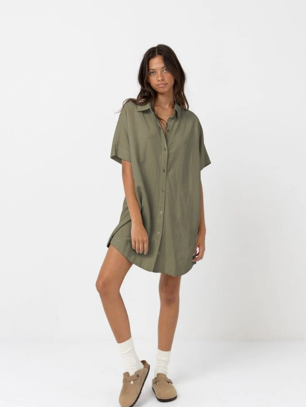 Linen Mini Button Up Shirt Dress Olive