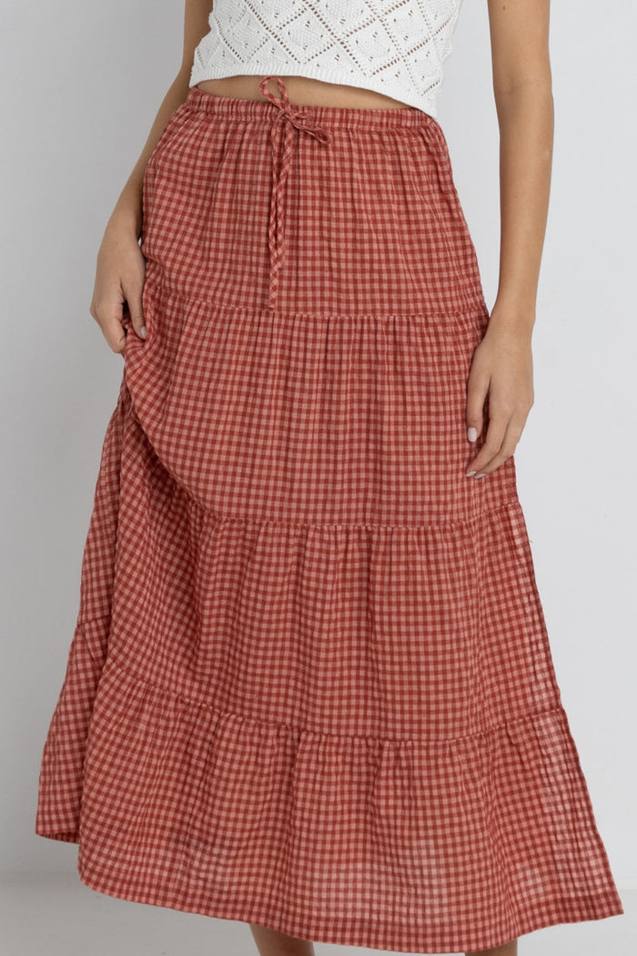 Lola Check Tiered Maxi Skirt Red