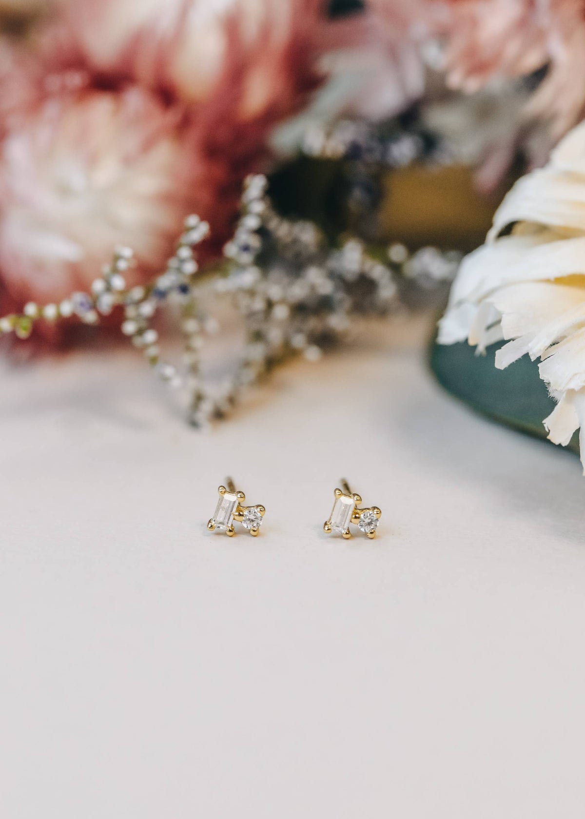 Double Stud Stack - White CZ - Gold Earrings