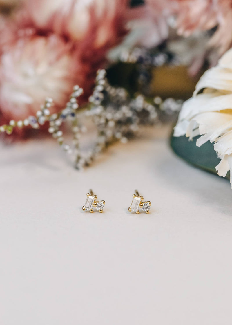 Double Stud Stack - White CZ - Gold Earrings