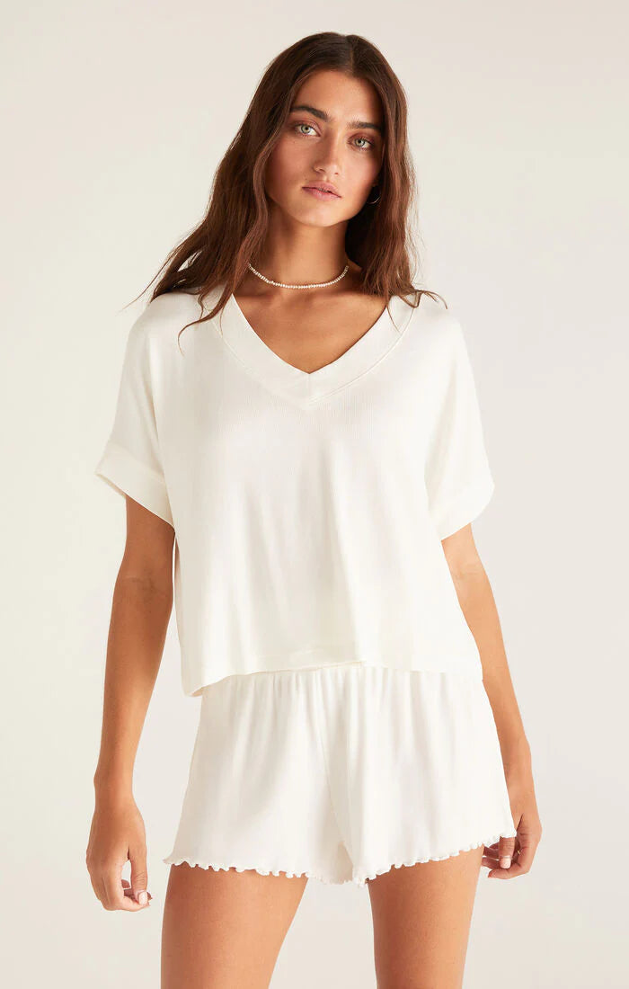 Harper Rib V Neck White Shell