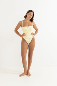 Dahlia Floral Scrunched Side One Piece Lemon