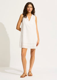 Gathered Neck Mini Dress White