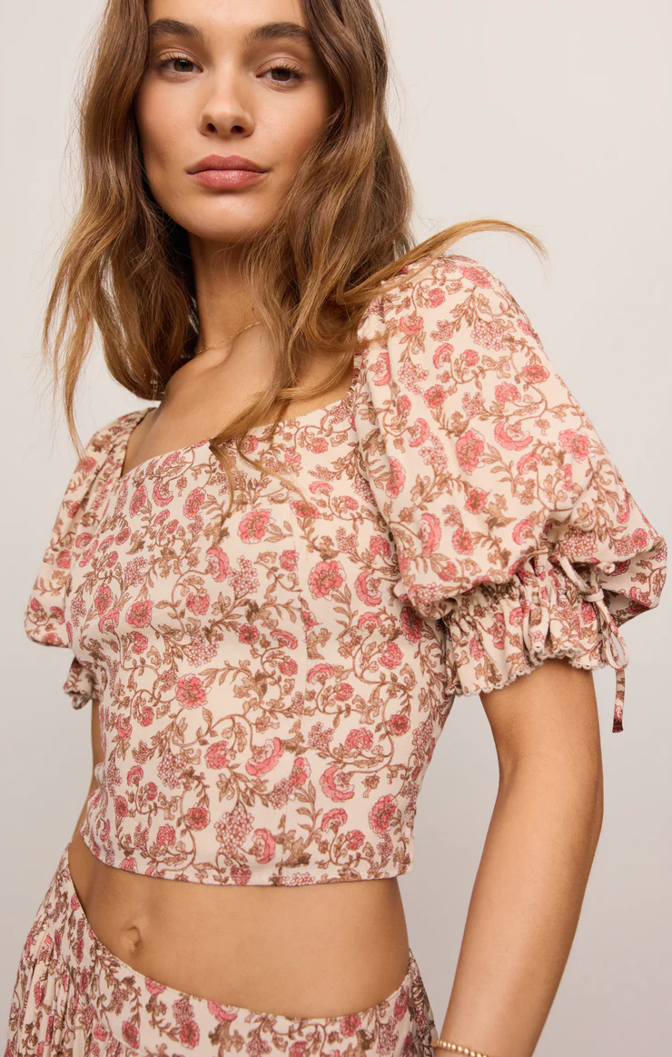 Moira Floral Cropped Top Sandshell