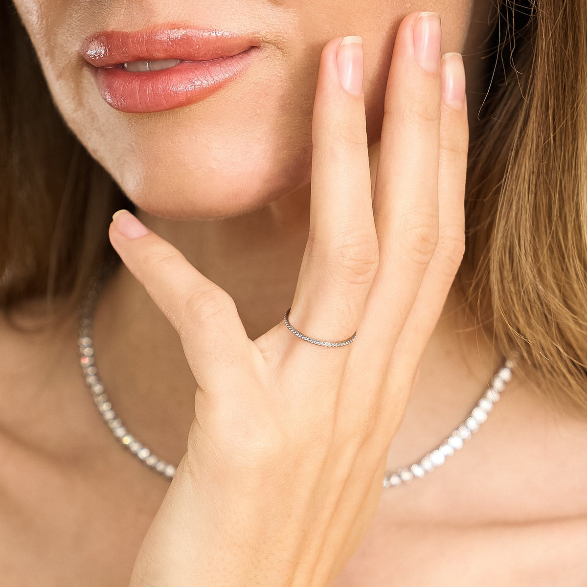 Waterproof Silver Dainty Diamond Ring Band