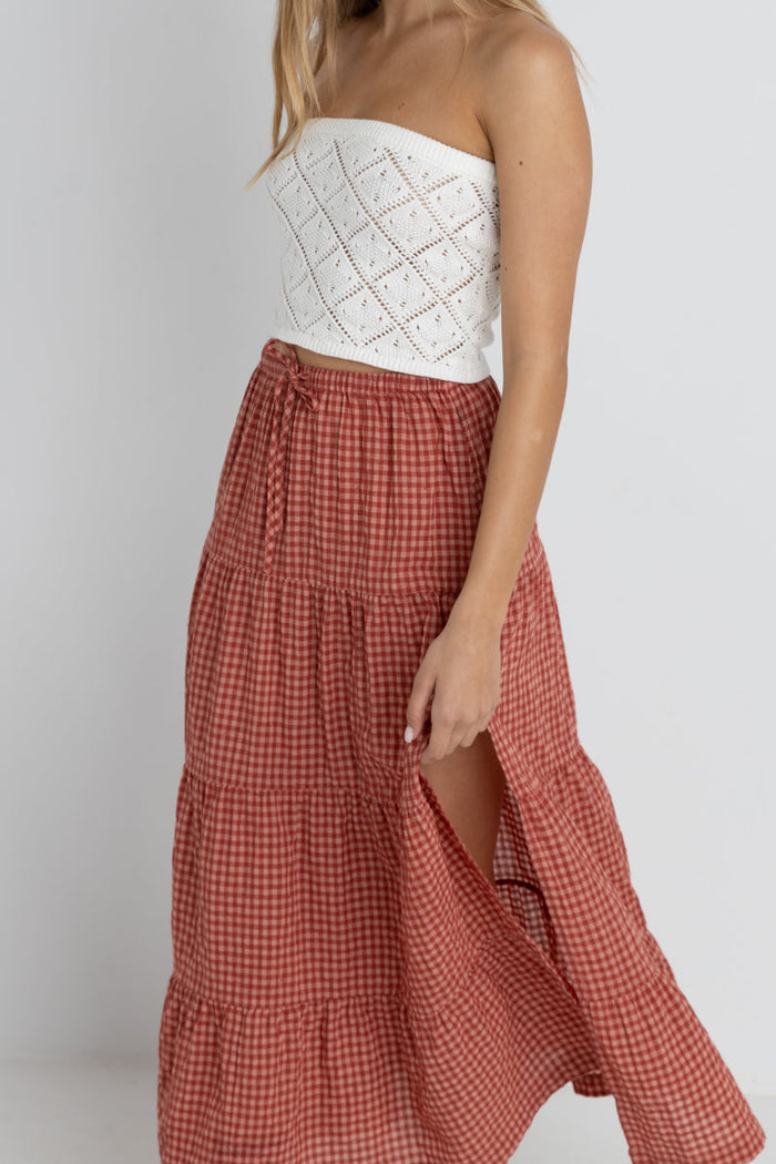 Lola Check Tiered Maxi Skirt Red