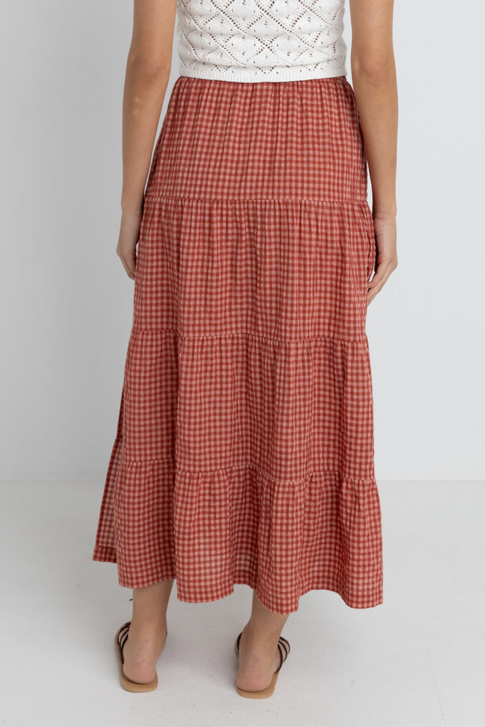 Lola Check Tiered Maxi Skirt Red