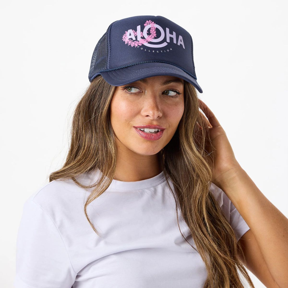 Lei Aloha Trucker Hat Lilac on Navy