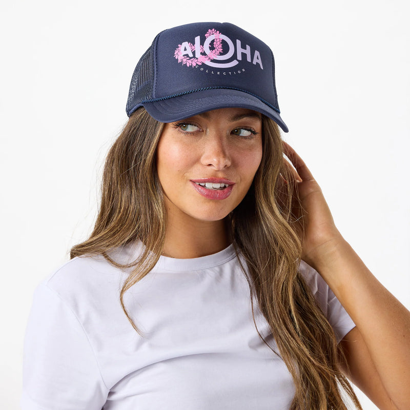 Lei Aloha Trucker Hat Lilac on Navy