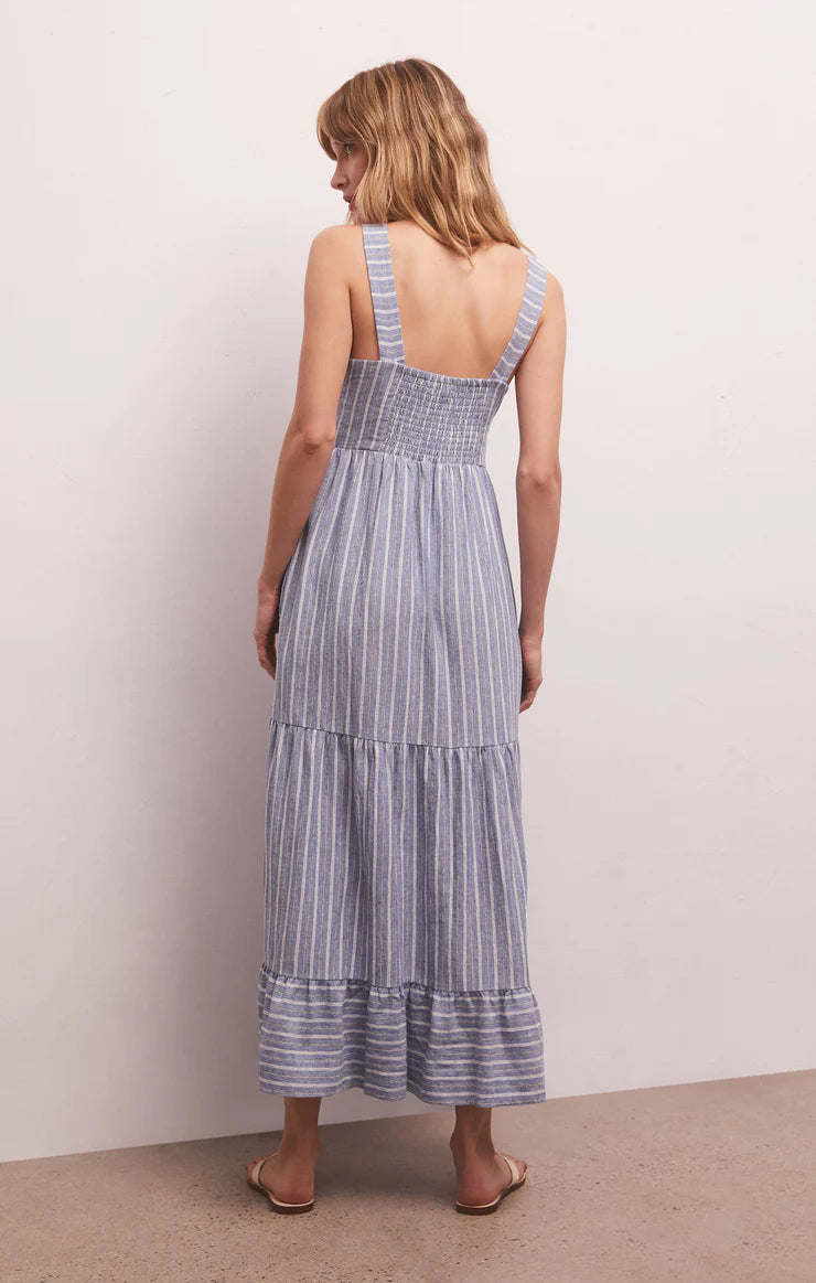 Ayla Striped Linen Midi Dress Marina Blue