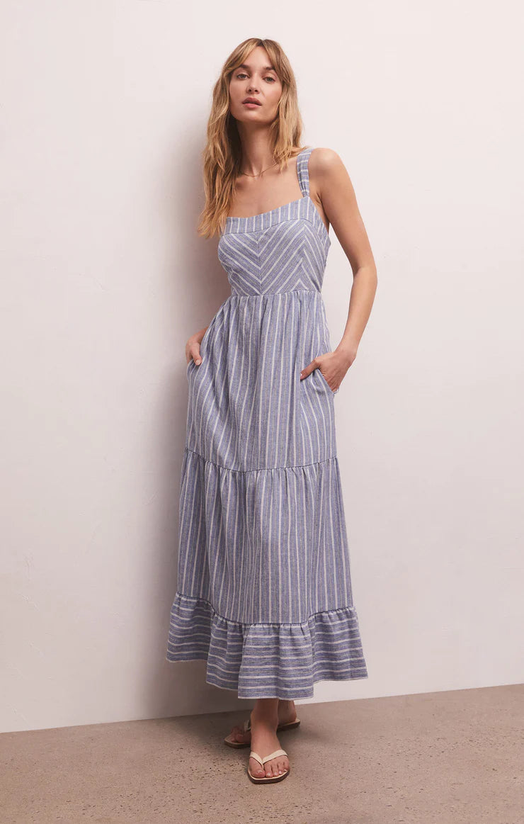 Ayla Striped Linen Midi Dress Marina Blue