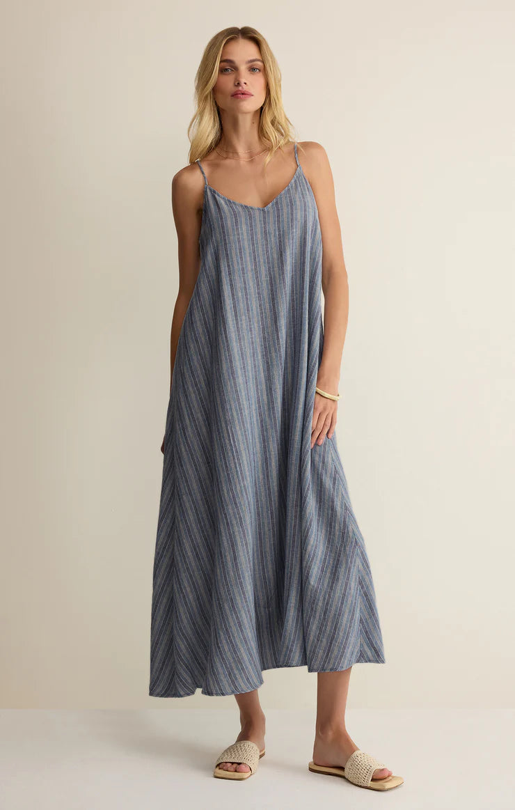 Sandcomber Striped Linen Midi Dress Indigo