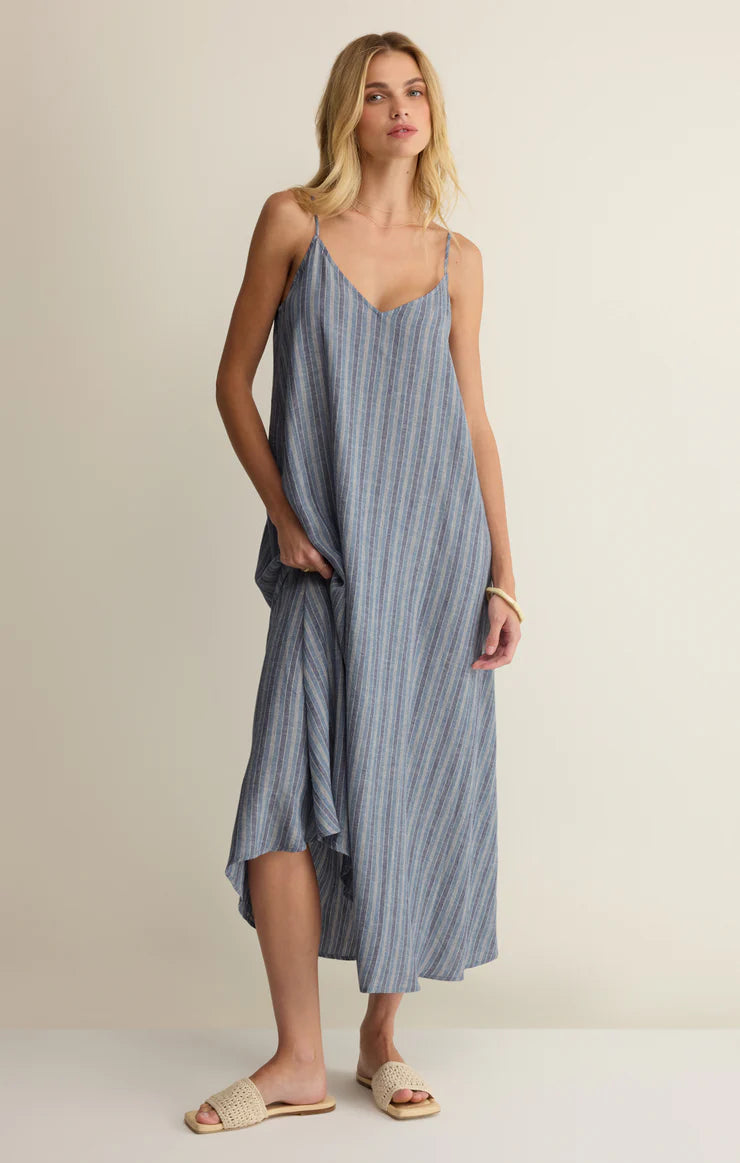 Sandcomber Striped Linen Midi Dress Indigo