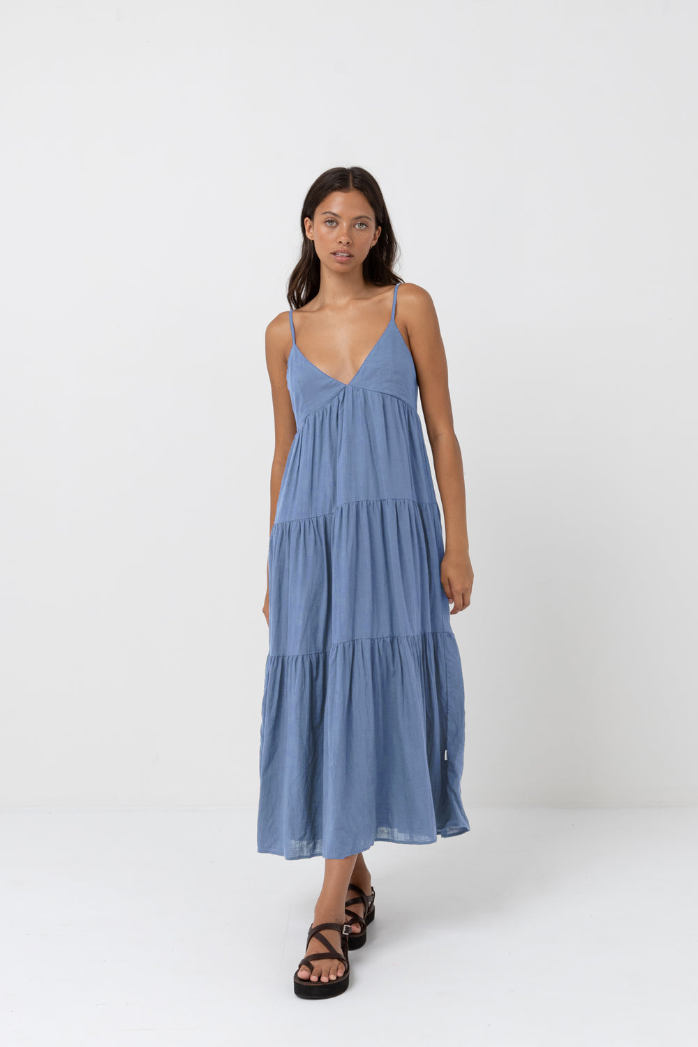 Classic Tiered Midi Dress Steel Blue
