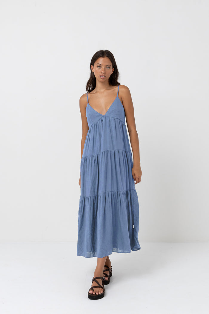 Classic Tiered Midi Dress Steel Blue