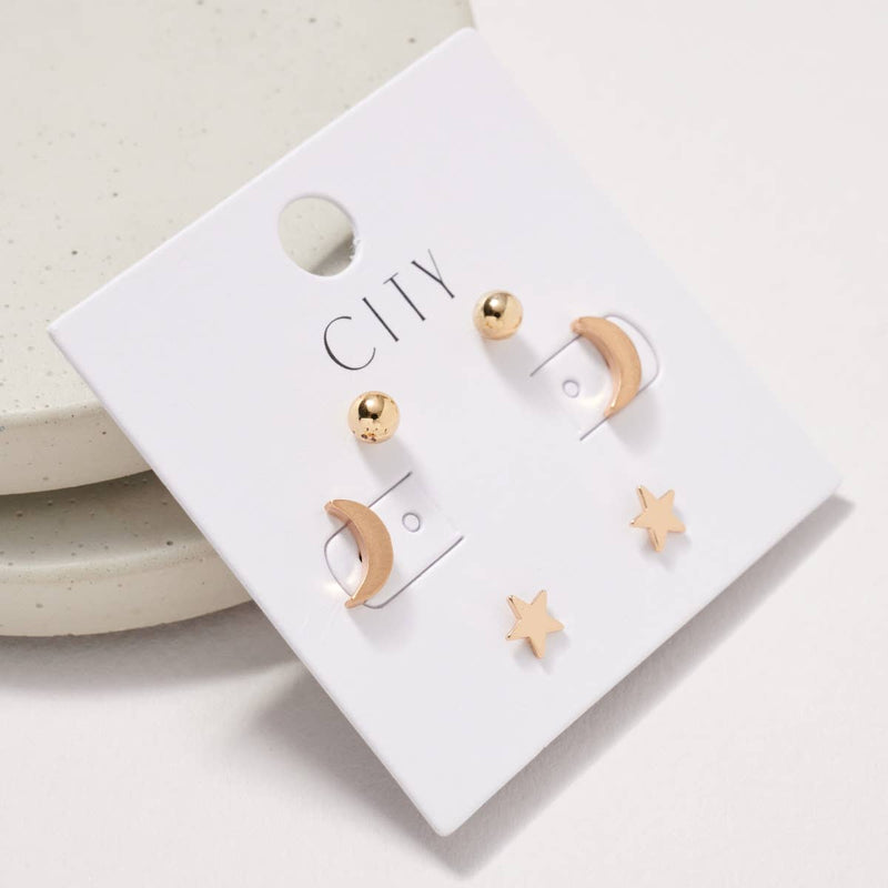 Set of 3 Earrings Star/Bolt/Pearl