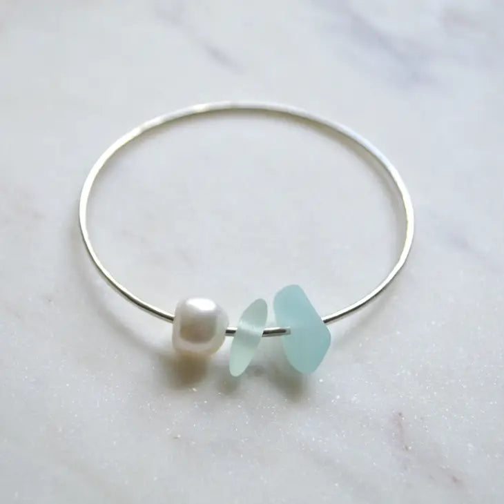 Silver Pearl and Sea Glass Bangle 2.5"