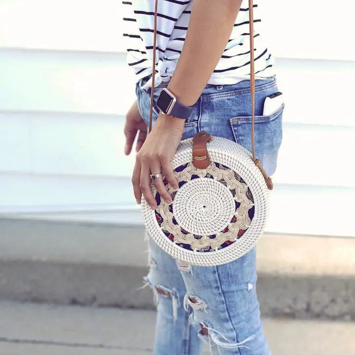 Round Rattan Bag White
