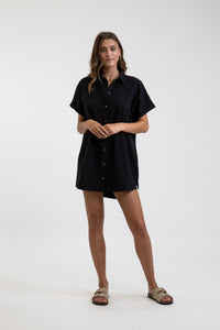 Linen Mini Button Up Shirt Dress Black