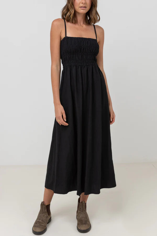 Classic Shirred Midi Dress Black