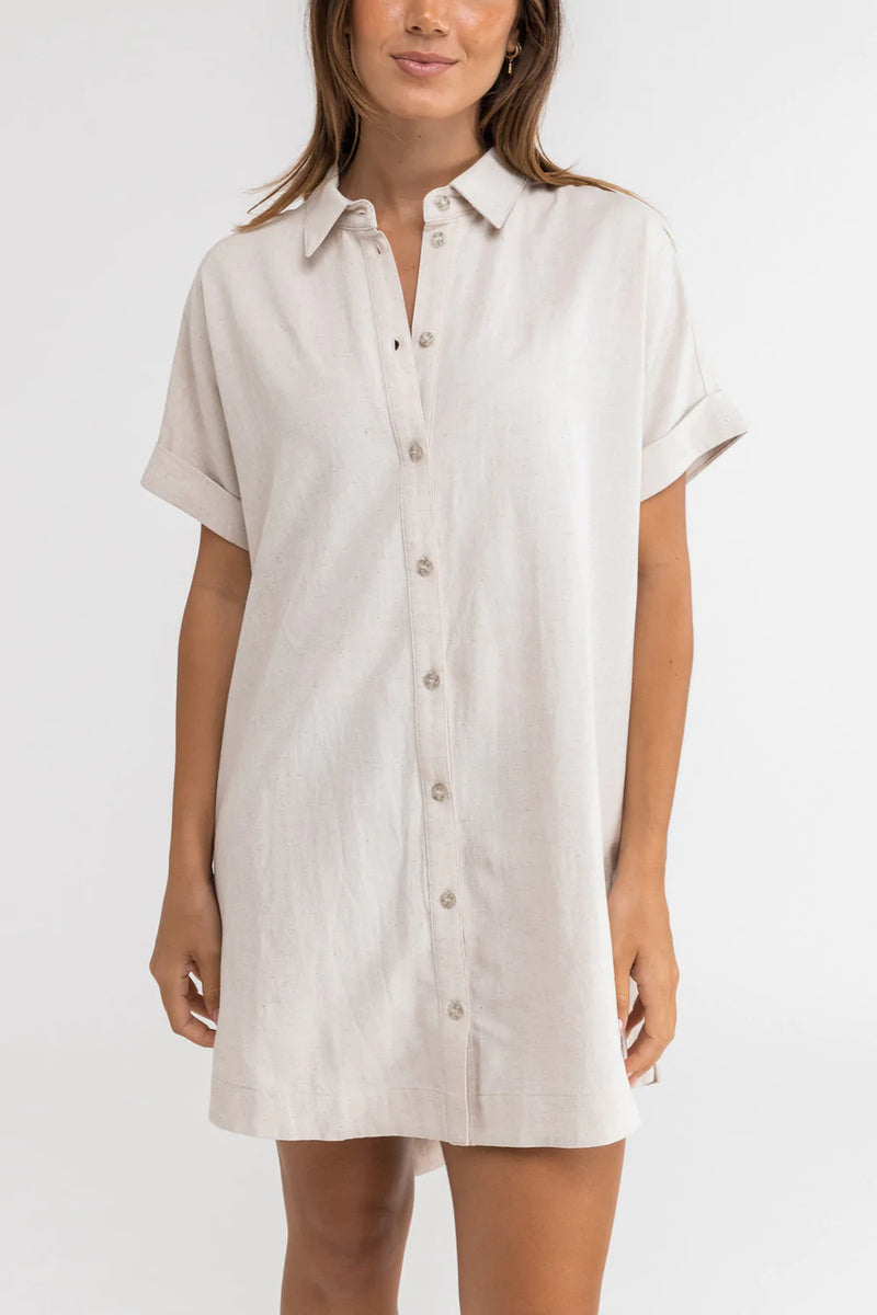 Linen Mini Button Up Shirt Dress Oat
