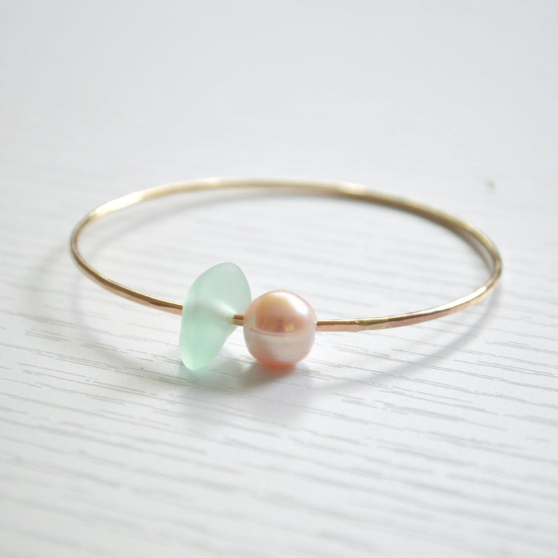 Pearl and Sea Glass Bangle 2.75"