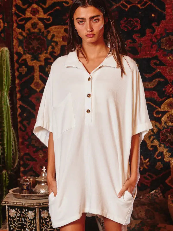 Oversized Button Up Collared Romper Ivory