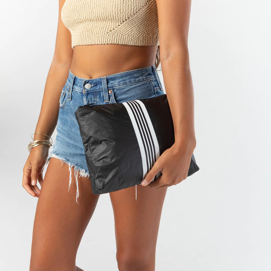 Mid Pouch Linen Stripe White on Black
